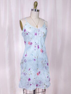 90s Coquette August Silk Blue Floral 100% Silk Bias Slip Dress Size M